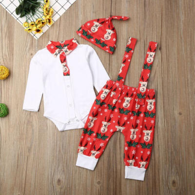 

US Infant Baby Boy Girl Kid Christmas Long Sleeve Bodysuit Bib Pants Clothes Set
