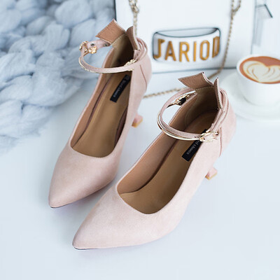 

Fine heeled womens shoes spring fashion one-word button heels Korean version hundred set pointy cat heel situ shoes