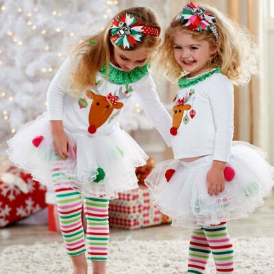 

Christmas Baby Toddler Girls Fancy Outfits Reindeer Tops Tutu Tulle Skirt Legging Set