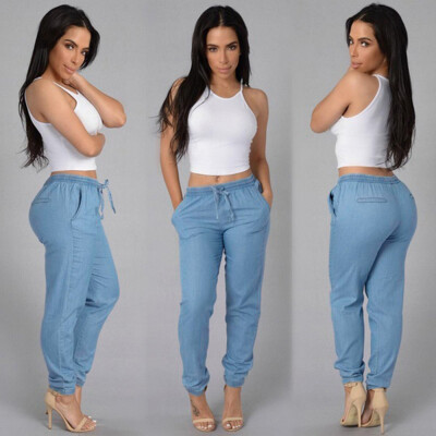 

Tailored Womens Elastic Waist Casual Pants High Waist Jeans Casual Blue Denim Pants