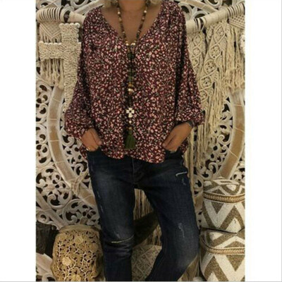 

Women Long Sleeve Boho Floral T Shirt Casual V Neck Tops Loose Blouse Summer