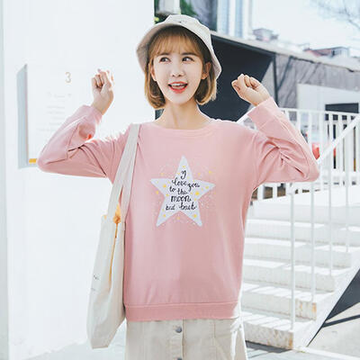 

Women Loose O-Neck Cute Five-pointed Star Tops Autumn Bottoming T-shirt