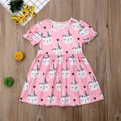 

Toddler Kid Baby Girls Easter Dress Short Sleeve Easter Bunny Print Pink Dresses Clothes