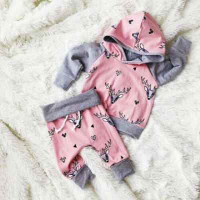 

Newborn Kids Baby Boys Girls Deer Hooded Tops Pants 2PCS Outfits Set Clothes