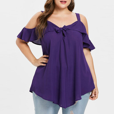 

Roseonmyhand Women Plus Size Cold Shoulder Camis Bow Asymmetric Chiffon Ruffles Tops Tee