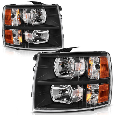 

For 2007-2014 Chevy Silverado Black Housing Amber Headlights Headlamps Assembly