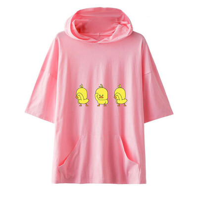 

Nomeni Womens Cartoon Print Short Sleeve Hoodie T-Shirt Pockets Blouse Loose Tops