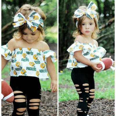 

Toddler Kids Baby Girl Off Shoulder Tops Ripped Pants Headband Outfits Sunsuit