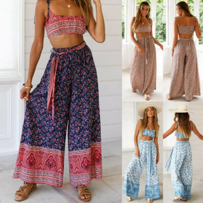 

Women Boho Hippie High Waist Loose Wide Leg Flared Bell Bottom Flroal Long Pant