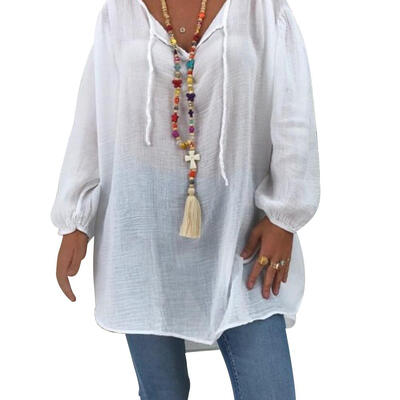 

Women Cuffs Long-Sleeves Loose Plus Size Lace Up V-neck Pullover Tops Shirt