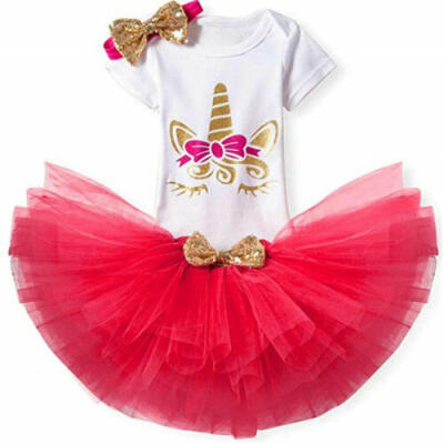 

3PCS Newborn Baby Girls Unicorn Tops Romper Tutu Skirt Party Outfits Set Clothes