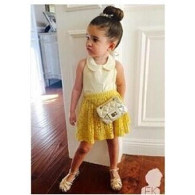 

Kids Baby Girls Sleeveless TopYellow Lace Printing Dress 2Pcs Suit children´s clothing Set