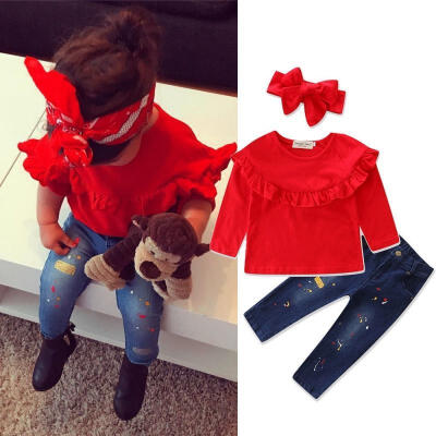 

3PCS Toddler Kids Baby Girl Cotton T-shirt TopsDenim Pants Jeans Clothes Set