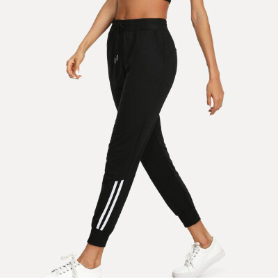 

Womens Casual Striped Pants Elastic Mid Waist Cropped Length OL Trousers
