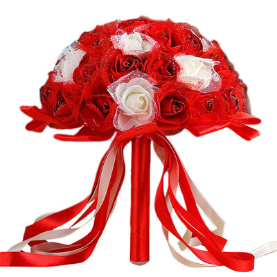 

Gobestart Crystal Ribbon Roses Bridesmaid Wedding Bouquet Bridal Artificial Silk Flowers