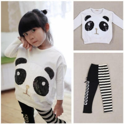 

Lovely Girls Panda T-shirt TopsStriped Bow Leggings Kids Baby Clothing 2Pcs Set