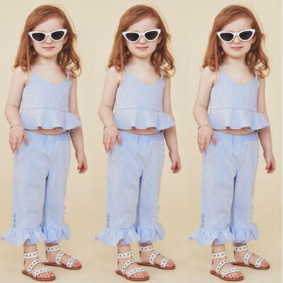 

Toddler Kids Baby Girl Summer Stripe Ruffle Tops Flared Pants Outfits Clothes