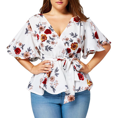 

Roseonmyhand Fashion Womens Floral Print Belted Surplice Peplum Blouse V-Neck Tops