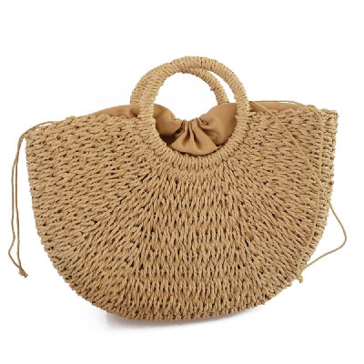 

Summer Handmade Bags Women Pompon Beach Weaving Ladies Straw Bag Wrapped Beach Bag Moon Shaped Bag Drawstring Handbag