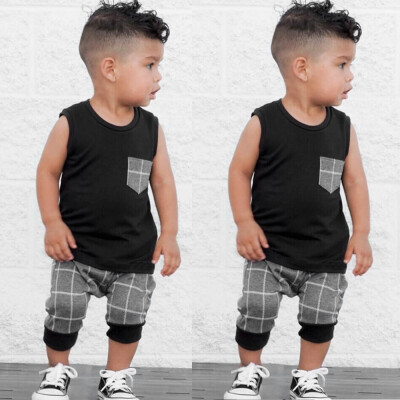 

Infant Toddler Baby Boys Girl Plaid Tops T Shirt Vest Shorts Outfits Clothes Set