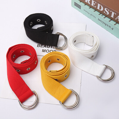 

Korean version of canvas belt women Double ring buckle simple wild belt hollowed out to decorate young students jeans