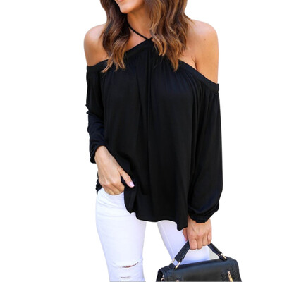 

Women Halter Solid Top Hanging Neck Strapless Shoulder Long Sleeve T-Shirt Fashion Female Leisure Casual Cotton Loose Sexy Tops