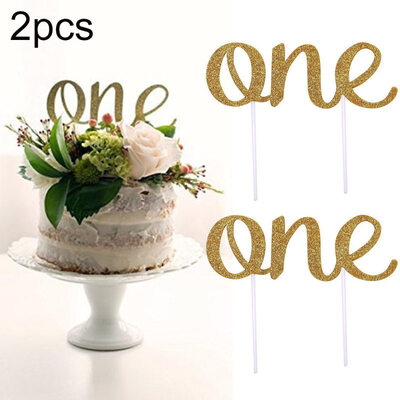 

2Pcs Double-sided One Kids Baby First Birthday Glitter Cupcake Cake Topper Decor