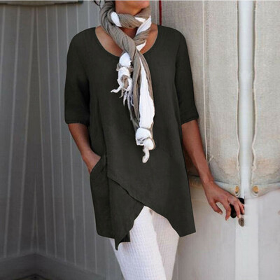

Women Linen Long Sleeve Crossed Hem Shirt Blouse Ladies Summer Tee Tops