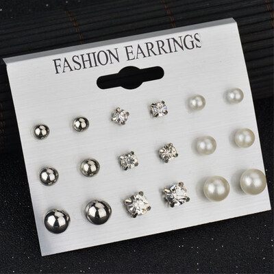 

EK195 New Fashion Gold Silver Color Ball Crystal Heart Pearl Stud Earrings For Women Vintage Leaf Earring Set Boho Punk earring