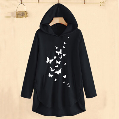 

Tailored Women Loose Casual Cartoon Print Irregular Hem Hooded Sweatshirt