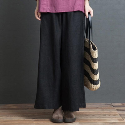

Vintage Women Pants Cotton Linen Elastic High Waist Pockets Straight Wide Legs Holiday Wear Trousers