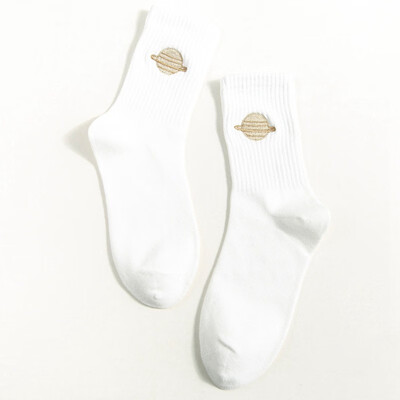 

Embroidered Cotton Women Socks 2019 Autumn Winter New Trend Motion Solid Color Cute Planet Fashion Style Socks