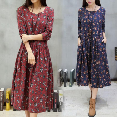 

2019 spring&autumn new Korean version of the large size womens retro in the long section of small floral cotton&linen dre