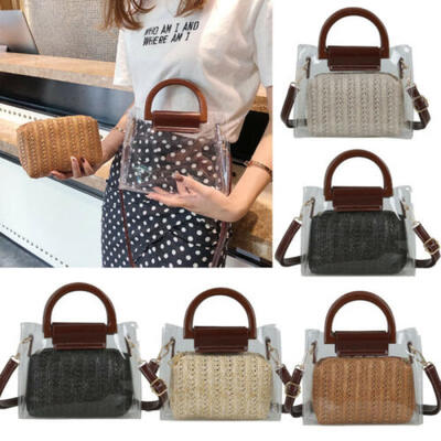 

Women Beach Straw Woven Bag Rattan Clear Shoulder Bag Transparent Handbag Casual