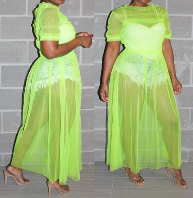 

Women Swimwear Swimsuit Cover Up Lace Fishnet Short Sleeve Long Beach Dress