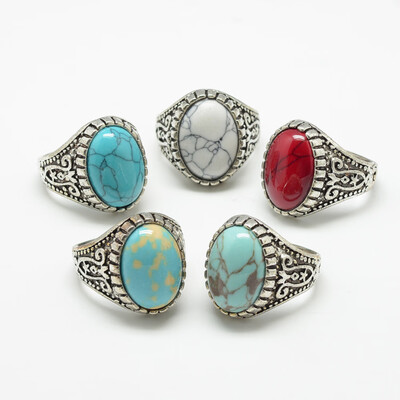 

Synthetic Turquoise Wide Band Finger Rings with Alloy Ring Findings Antique Silver Oval Size 711 Mixed Color 1721mm