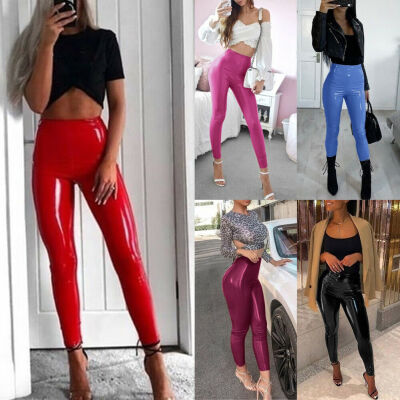 

NEW Womens Wet Look Stretchy Pants Faux Leather Skinny Leggings Pencil Trousers