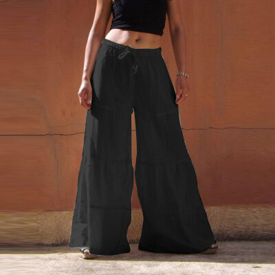 

Women Pure Colour Elastic Waist Casual Cotton-Blend Broad-legged Pants