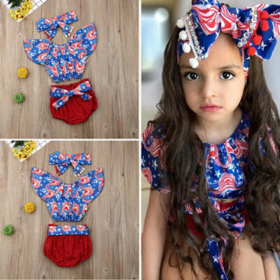 

US 2019 Inants Baby Girl Kid July 4th Independence Day Top Shorts Headcloth 1-6Y
