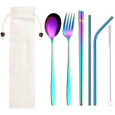 

Toponeto Stainless Steel Dinnerware Set Metal Straw Spoon Fork Chopsticks Tableware 6 Pcs