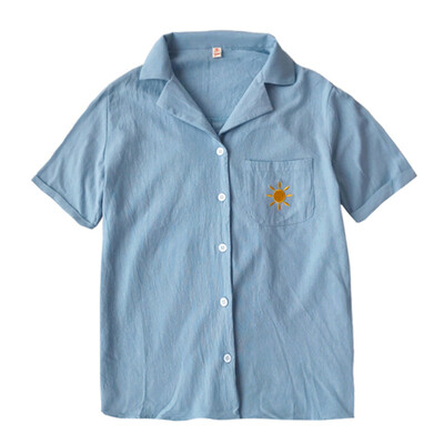 

Korean Embroidery Cotton Shirt Summer Fashion Women Blouse Lapel Short Sleeve Casual Tops Ladies Shirt Blusas Feminina