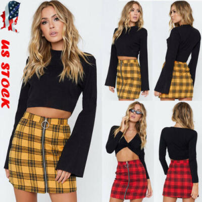 

Women Ladies High Waisted Pencil Skirt Bodycon Plaid Zipper Mini Skirts Club US