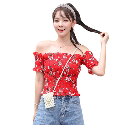 

Slash Neck T Shirt Sexy Pleated T-shirt Floral Print Chiffon Shirt Women Crop Tops