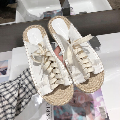 

Outside slippers summer chic flax sequins sandals flat soles leisure laces straw-knitted fishermens shoes