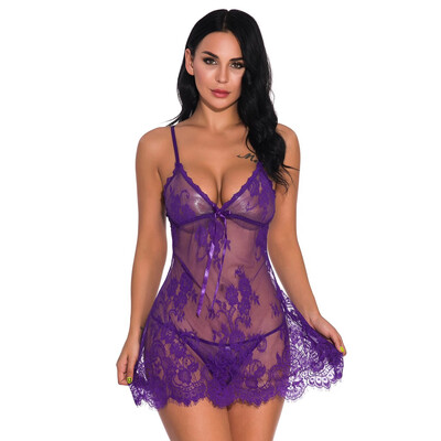 

Toponeto New Women Mesh Lace V-Neck Bowknot Lingerie Underwear Sleepwear Nightdress Thong
