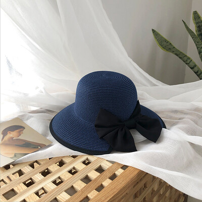 

Hat female summer brim woven straw hat folding small fresh beach bow Joker Korean sun visor