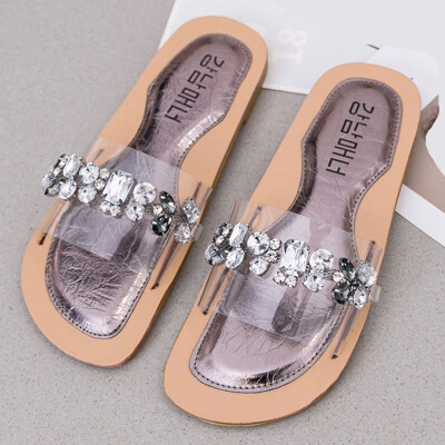 

Rose Women Summer Wear Open Toe Slippers Rhinestones Transparent Slippers Flat Shoes