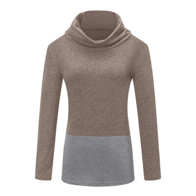 

Leisure Women T-Shirt Solid Long Sleeve High Collar Stitching Slim Fit Tops