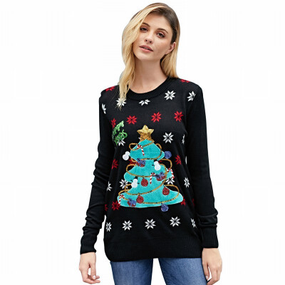 

Round neck long sleeve tree head womens knit sweater