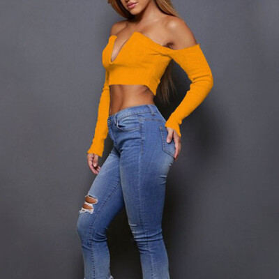 

Nomeni Women Pure Color Tight Fitting V Collar Long Sleeves T-Shirt